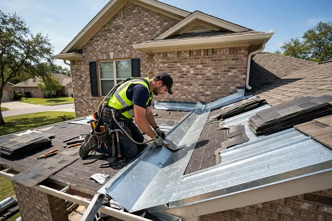Reparación de goteras en el valle del techo en una casa suburbana de revestimiento de ladrillo de la década de 2000 en Bay Colony, Texas