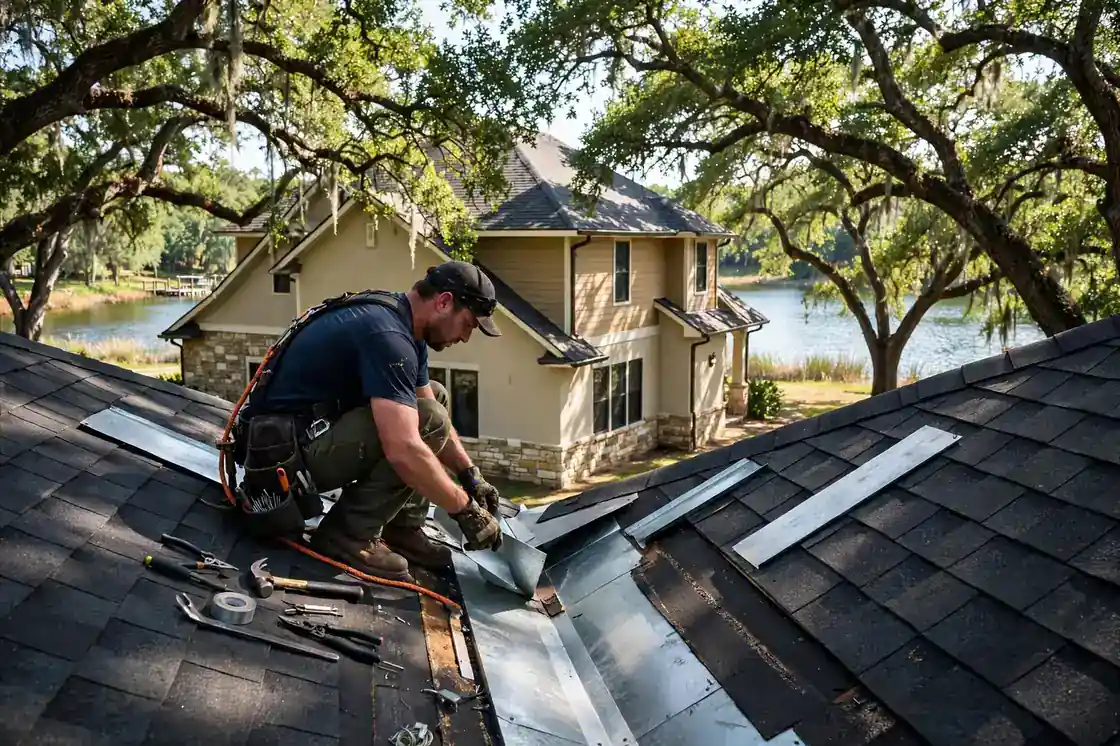 Reparación de goteras en el valle del techo en una casa de dos pisos cerca del lago en Hidden Lakes, Texas