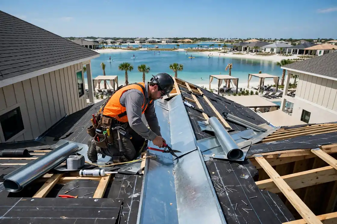 Reparación de goteras en el valle del techo en una nueva casa suburbana cerca de Crystal Lagoon en Lago Mar, Texas