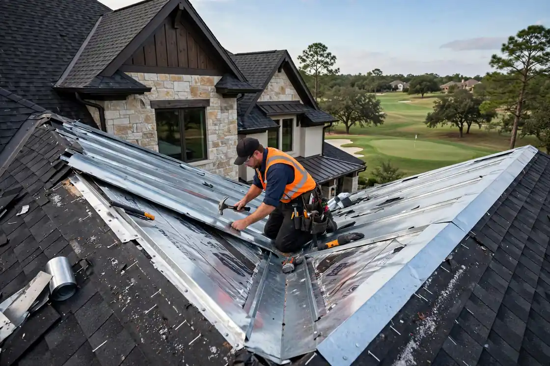 Reparación de goteras en el valle del techo en una casa de lujo cerca del campo de golf en Magnolia Creek, Texas