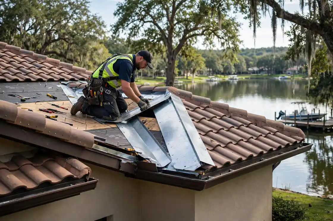 Reparación de goteras en el valle del techo en una casa junto al lago con detalles en azulejos Mar Bella, Texas