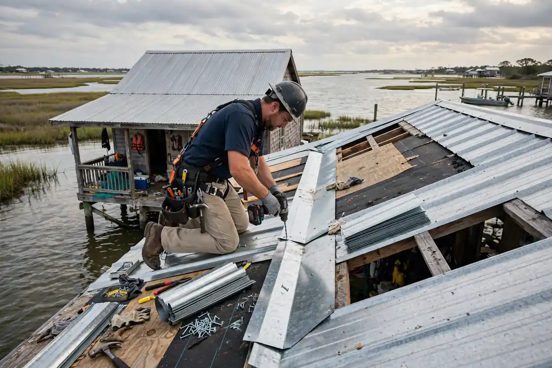 Reparación de goteras en el valle del techo en una cabaña sobre pilotes frente al mar cerca de la Bahía de Galveston en San Leon, Texas