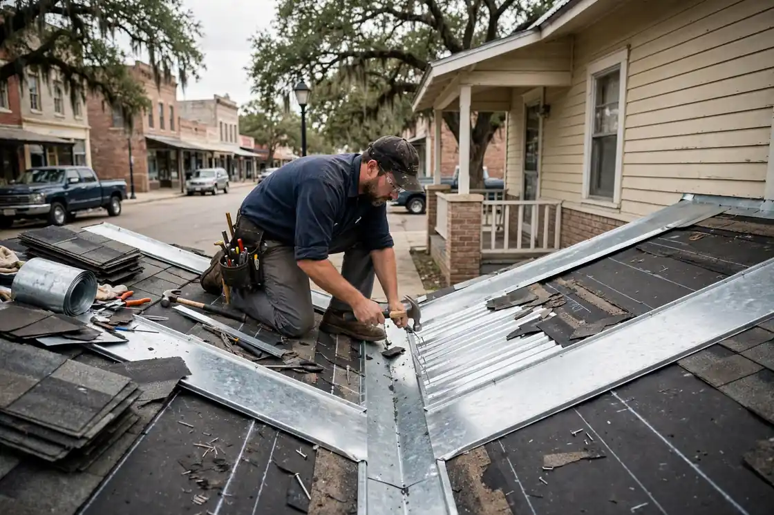 Reparación de goteras en el valle del techo en un bungalow de la década de 1950 en Historic Sixth Street, Texas
