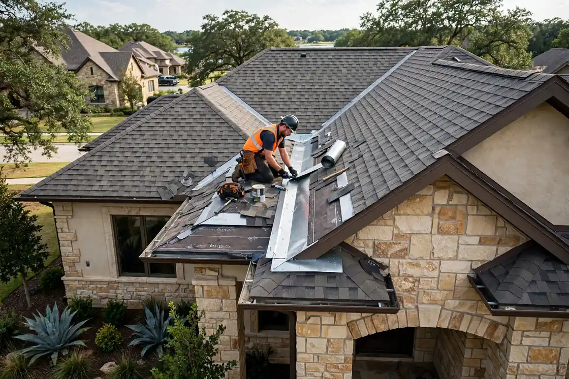 Reparación de goteras en el valle del tejado de una casa con fachada de piedra en Tuscan Lakes, Texas