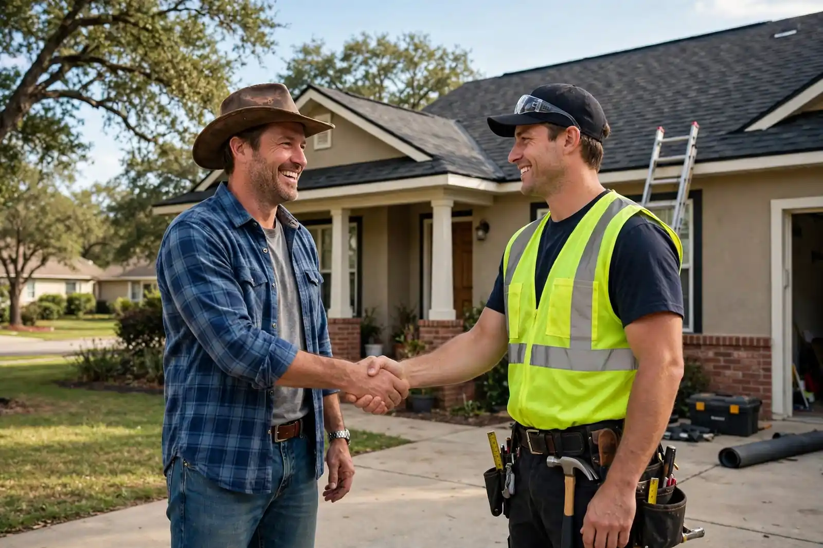 Propietario de casa estrechando la mano de un techador en Texas City, Texas