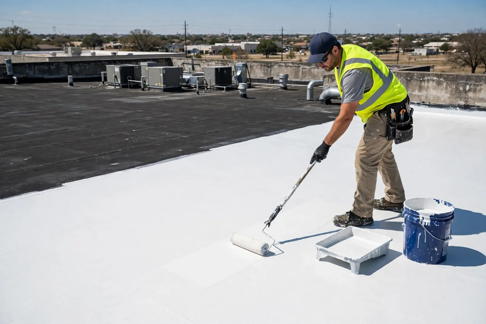 Trabajador aplicando revestimiento de techo elastomérico blanco en Texas City, Texas