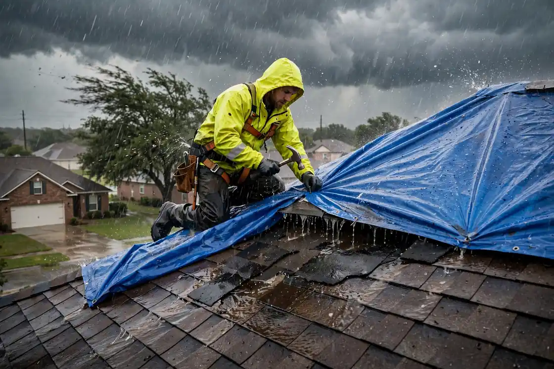 Techador asegurando una lona de emergencia sobre un techo con goteras en Texas City, Texas