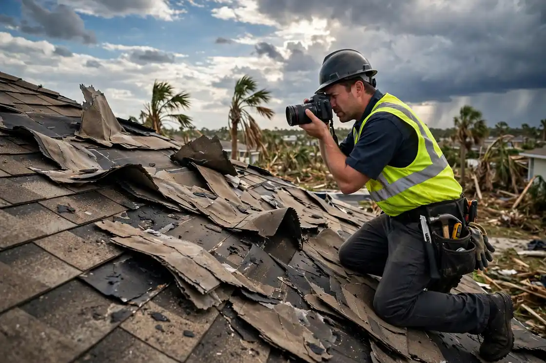 Técnico que documenta los daños causados ​​por la tormenta en un techo de tejas en Texas City, Texas