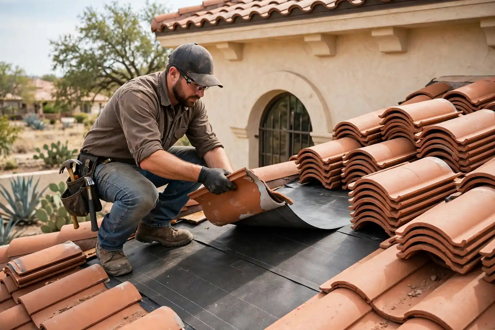 Techador levantando tejas para reemplazar el contrapiso en Texas City, Texas
